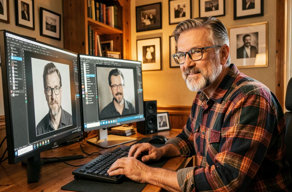 Photographe Gendrot retouchant des portraits professionnels dans son studio home office