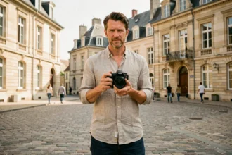 Photographe professionnel tenant un appareil photo dans une place urbaine des Pays de la Loire