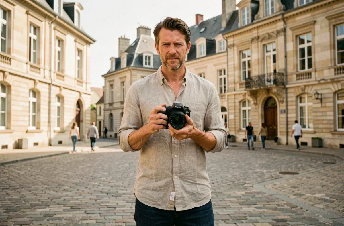 Photographe professionnel tenant un appareil photo dans une place urbaine des Pays de la Loire