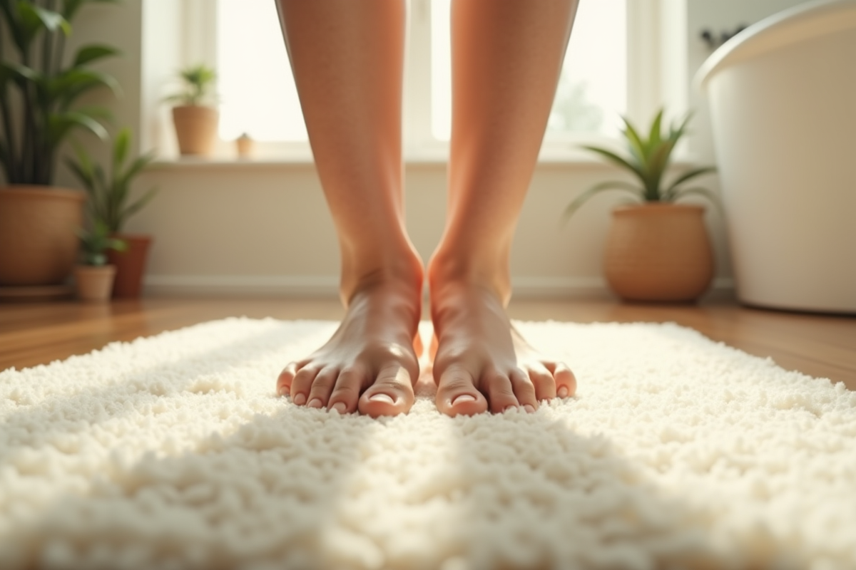 Pieds sur un tapis de bain dans une maison en lumière naturelle