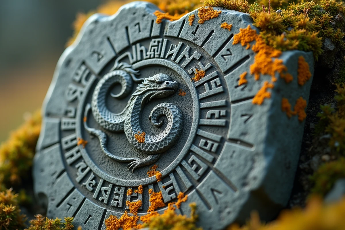 Pierre runique viking gravée d'un dragon entrelacé et d'inscriptions runiques recouverte de lichen dans un cadre naturel