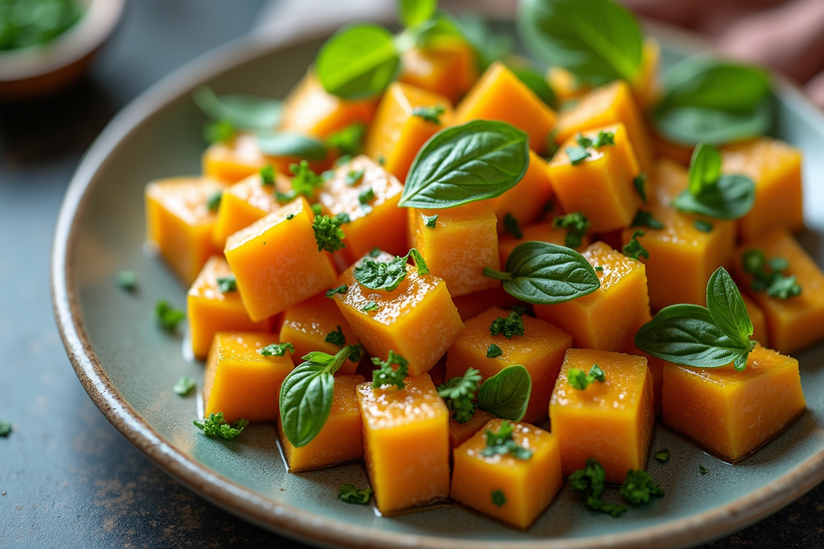 Plat de cubes de citrouille verte avec herbes fraîches