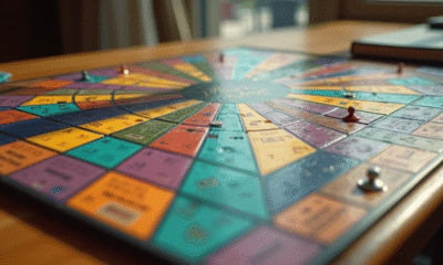 Plateau de jeu Trivial Pursuit vu du dessus sur une table en bois