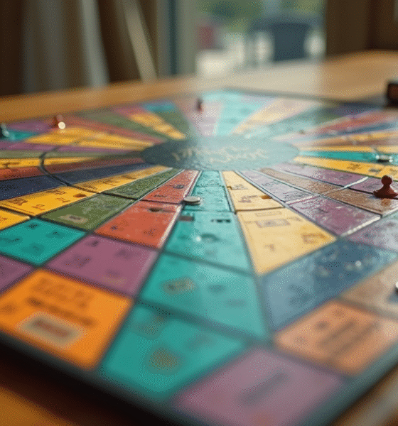 Plateau de jeu Trivial Pursuit vu du dessus sur une table en bois