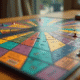 Plateau de jeu Trivial Pursuit vu du dessus sur une table en bois