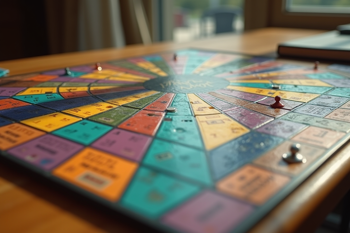 Plateau de jeu Trivial Pursuit vu du dessus sur une table en bois