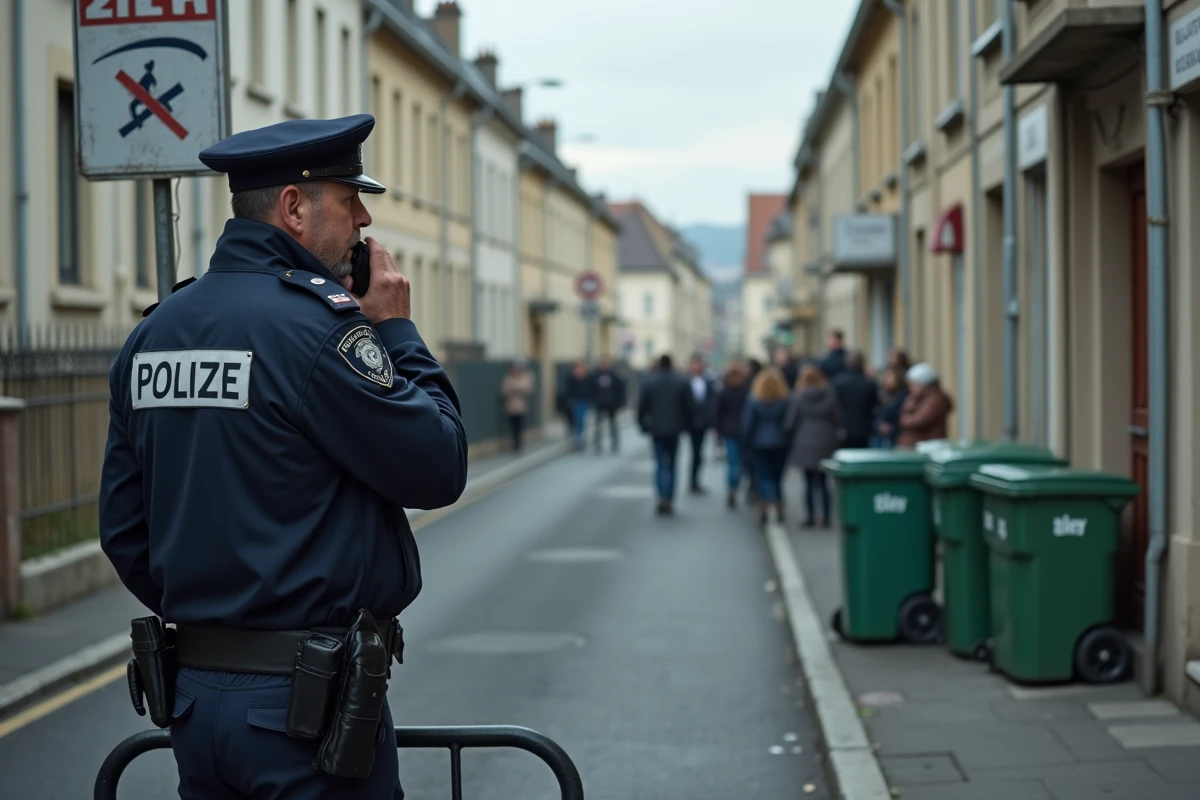 Policier municipal en patrouille dans une rue d'un quartier prioritaire en France