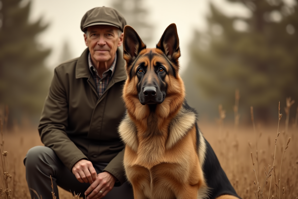 Vieux portrait de famille avec berger allemand en sepia