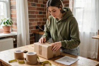 Femme préparant un colis Vinted Go sur une table en bois avec ruban adhésif et étiquette d'expédition