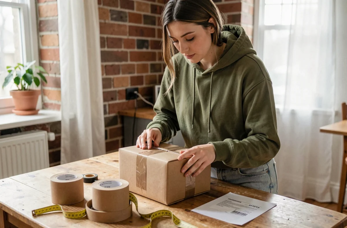 Femme préparant un colis Vinted Go sur une table en bois avec ruban adhésif et étiquette d'expédition