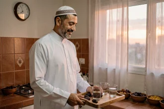 Homme préparant un plateau de dattes et d'eau pour l'iftar avant la prière du Maghreb