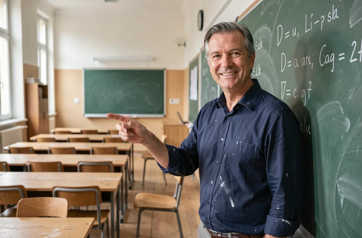 Professeur de français désignant des exemples de conjugaison au tableau noir dans une salle de classe traditionnelle