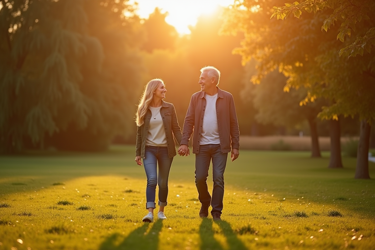 Couple marchant main dans la main dans un parc en fin d