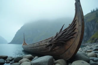 Proue de drakkar viking sculptée en forme de dragon serpentin sur un rivage rocheux scandinave dans le brouillard