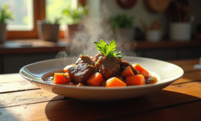 Ragoût de boeuf bien présenté avec carottes sur table en bois