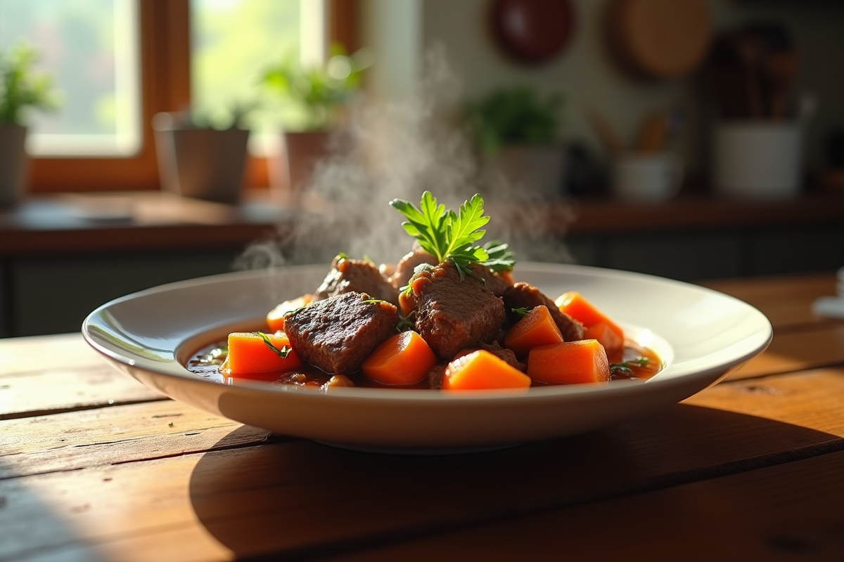 Ragoût de boeuf bien présenté avec carottes sur table en bois