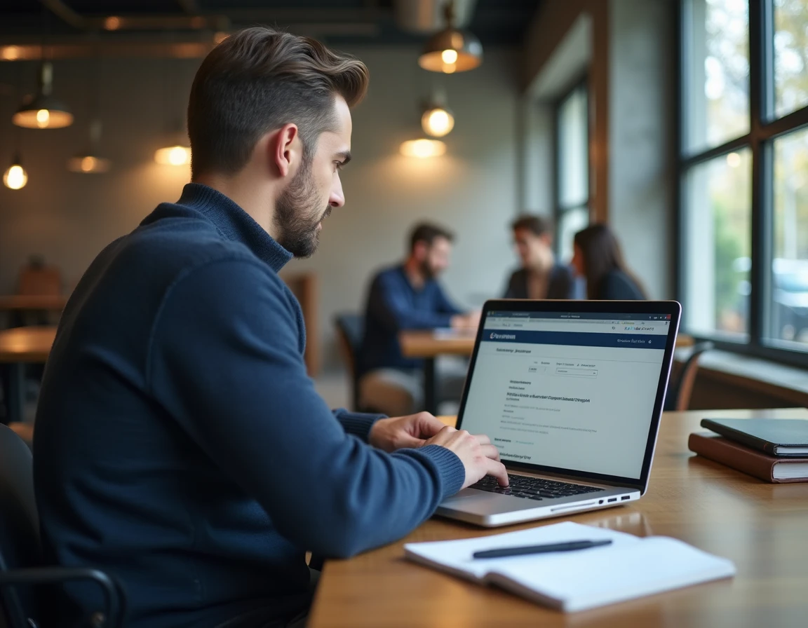 Homme effectuant une recherche en ligne sur le site du Journal officiel des associations pour vérifier la légalité d'une association