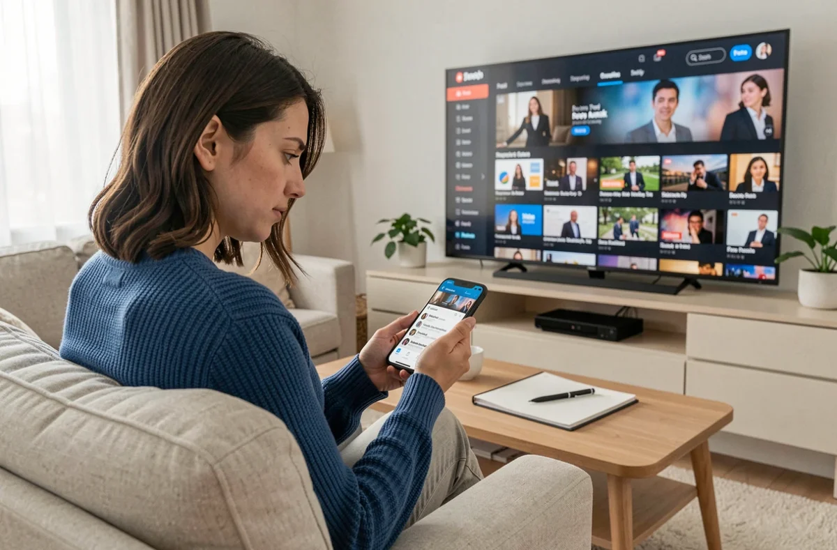 Une femme cherchant la nouvelle adresse officielle de Live TV sur son smartphone depuis son salon avec un téléviseur connecté en arrière-plan
