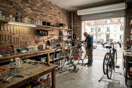 Atelier de réparation de vélos dans le Val-de-Marne avec mécanicien au travail et outils accrochés au mur