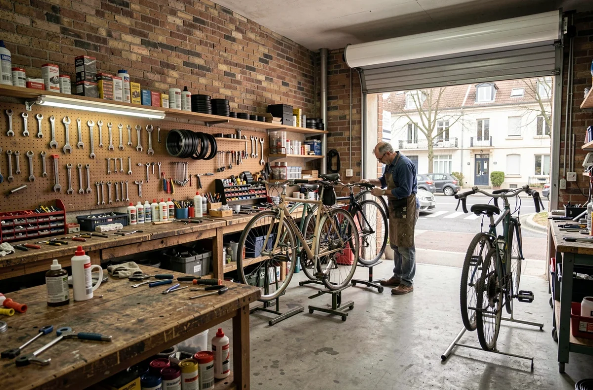 Atelier de réparation de vélos dans le Val-de-Marne avec mécanicien au travail et outils accrochés au mur