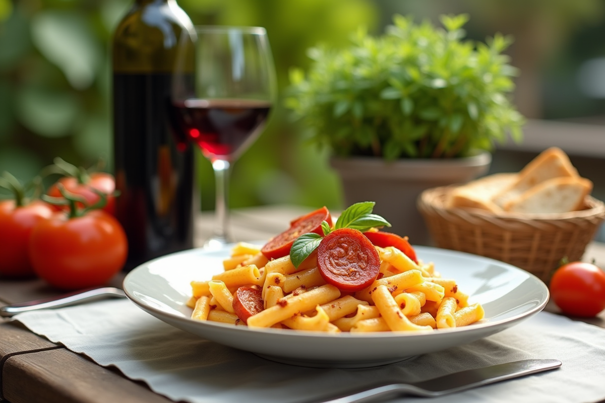 Repas en plein air avec pâtes au chorizo et vin rouge
