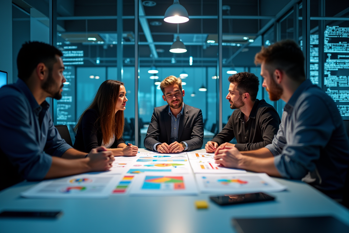 Groupe de cinq personnes collaborant autour de diagrammes de cybersécurité