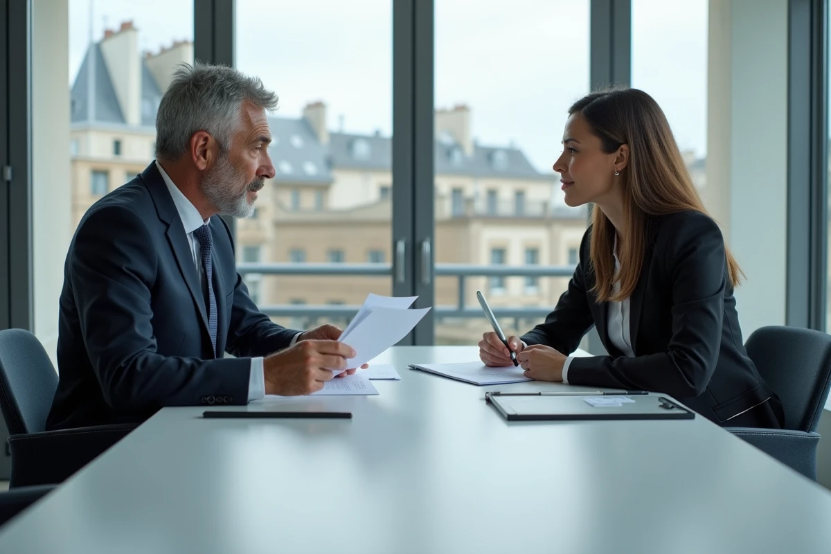 Deux professionnels du droit en réunion autour de documents juridiques dans un cabinet moderne