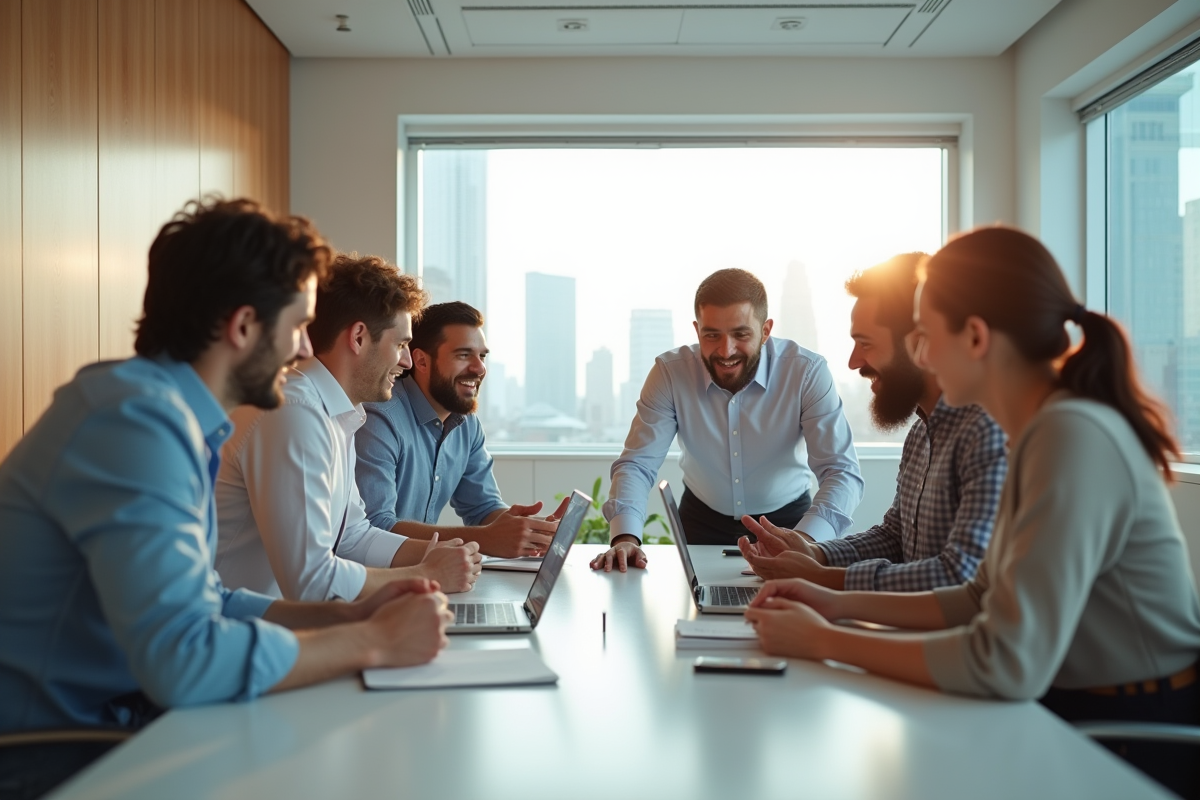 Groupe de professionnels discutant autour d une table moderne