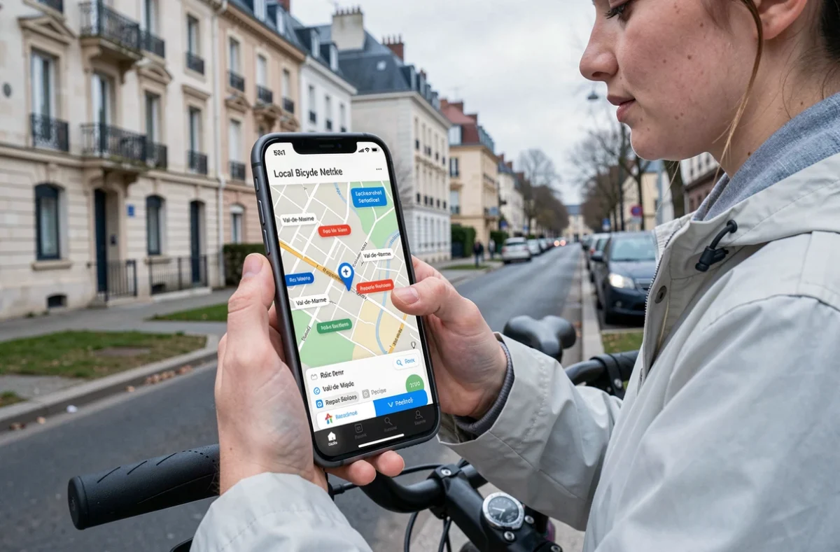 Cycliste consultant l'application du réseau RingTwice sur smartphone pour trouver un réparateur dans le Val-de-Marne