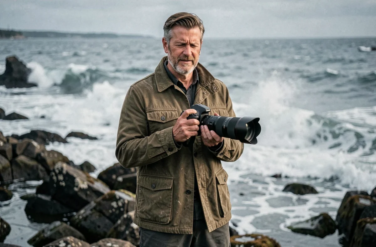 Ronan Houssin photographe en extérieur sur une côte rocheuse de l'Atlantique