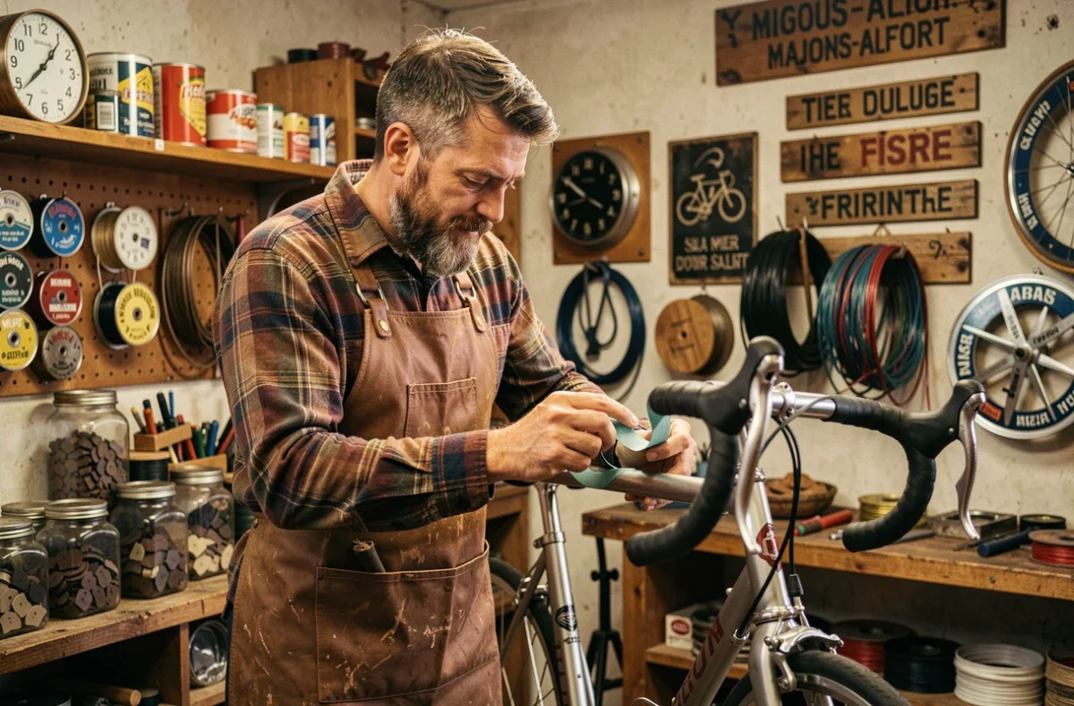 Artisan de Rustines et Guidoline à Maisons-Alfort posant du ruban de guidon sur un vélo de route