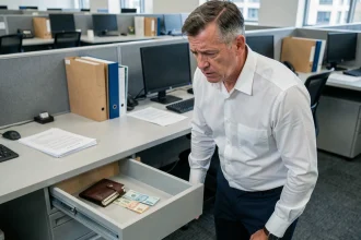 Salarié en tension près d'un tiroir de bureau contenant un portefeuille et des billets, illustrant le vol d'argent au travail