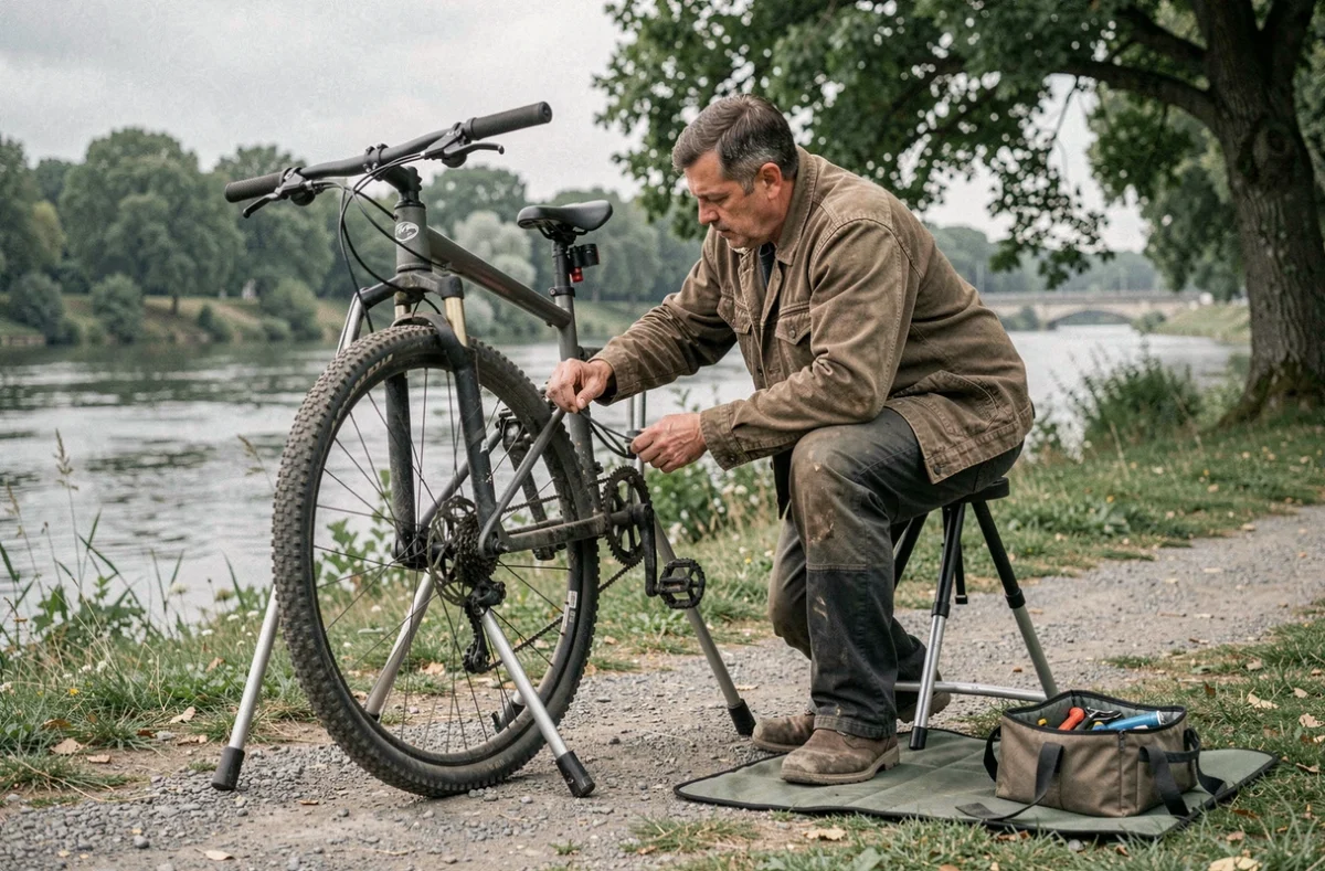 Sam, réparateur de vélos indépendant à Bonneuil-sur-Marne, ajustant le dérailleur d'un VTT en bord de Marne