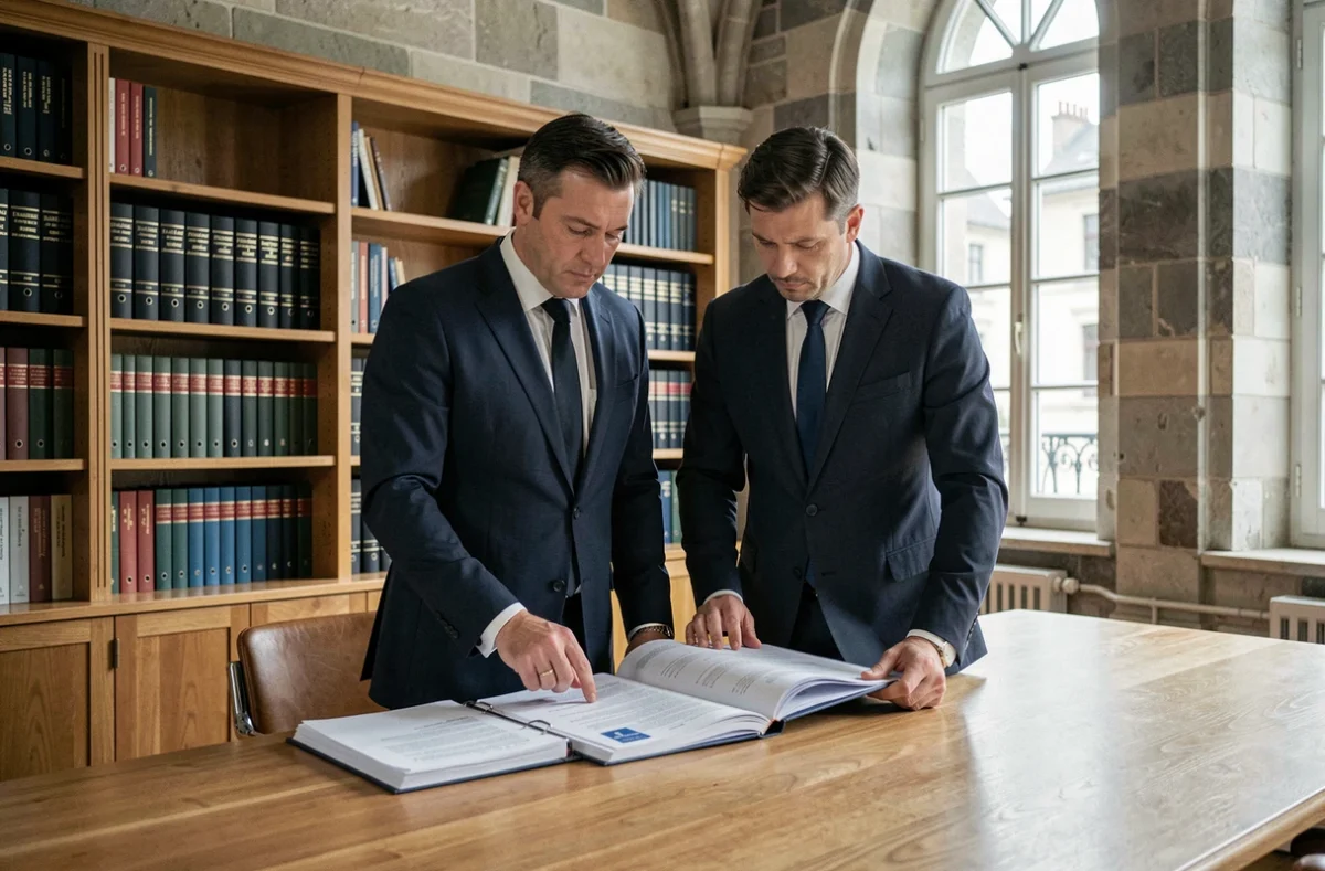 Deux avocats du cabinet SCP DSC Avocats à Besançon examinant des dossiers de marchés publics dans un bureau formel
