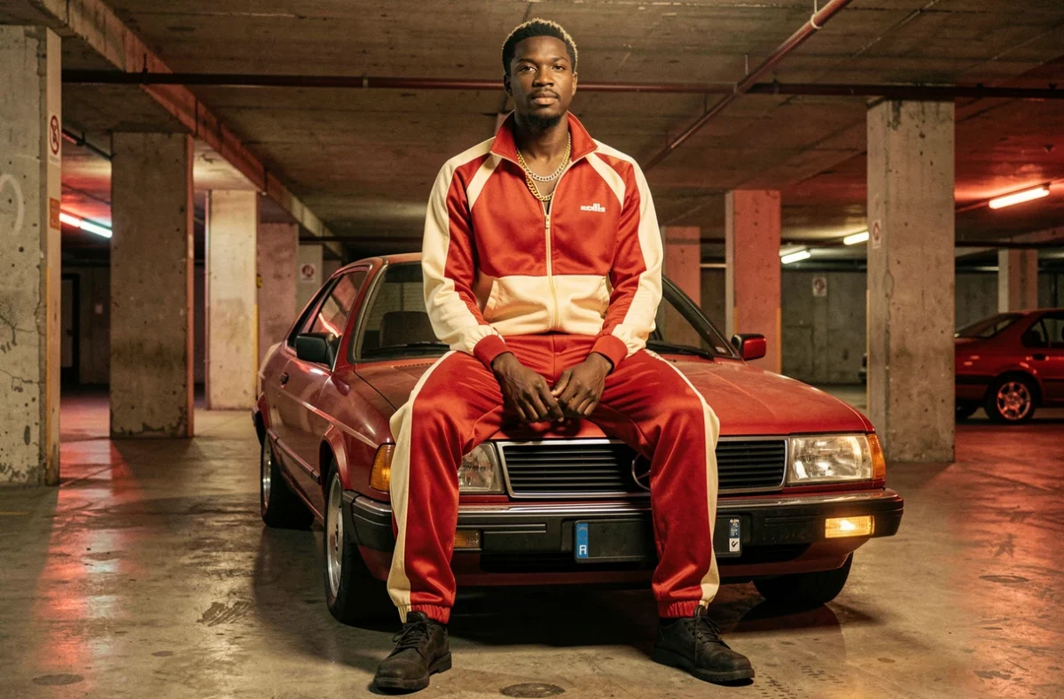 Grand rappeur en survêtement rétro assis sur une voiture ancienne dans un parking souterrain parisien