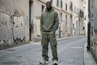 SDM rappeur grand de taille en tenue streetwear oversize dans une rue parisienne urbaine