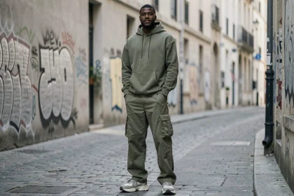 SDM rappeur grand de taille en tenue streetwear oversize dans une rue parisienne urbaine
