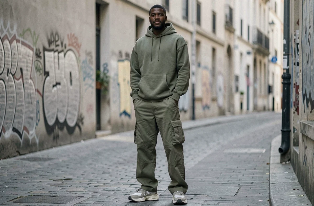 SDM rappeur grand de taille en tenue streetwear oversize dans une rue parisienne urbaine
