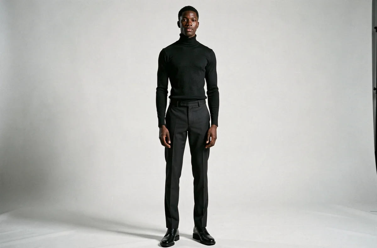 Rappeur de grande taille en tenue monochrome noire lors d'une séance photo studio minimaliste