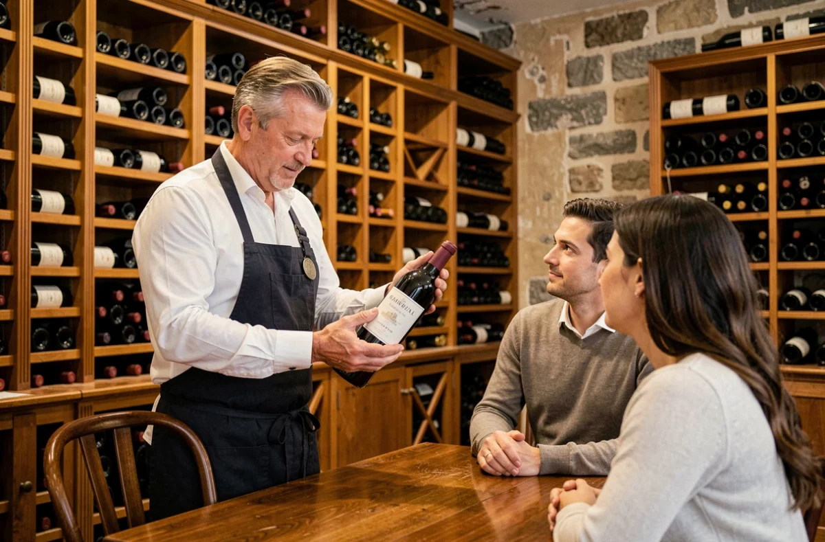 Sommelier parisien présentant une bouteille de Bourgogne à des clients dans une cave à vins traditionnelle aux murs en pierre