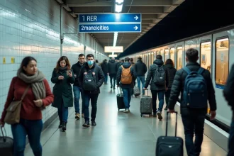 Hall de correspondance de la ligne 13 du métro parisien avec panneaux de signalisation RER et voyageurs en mouvement