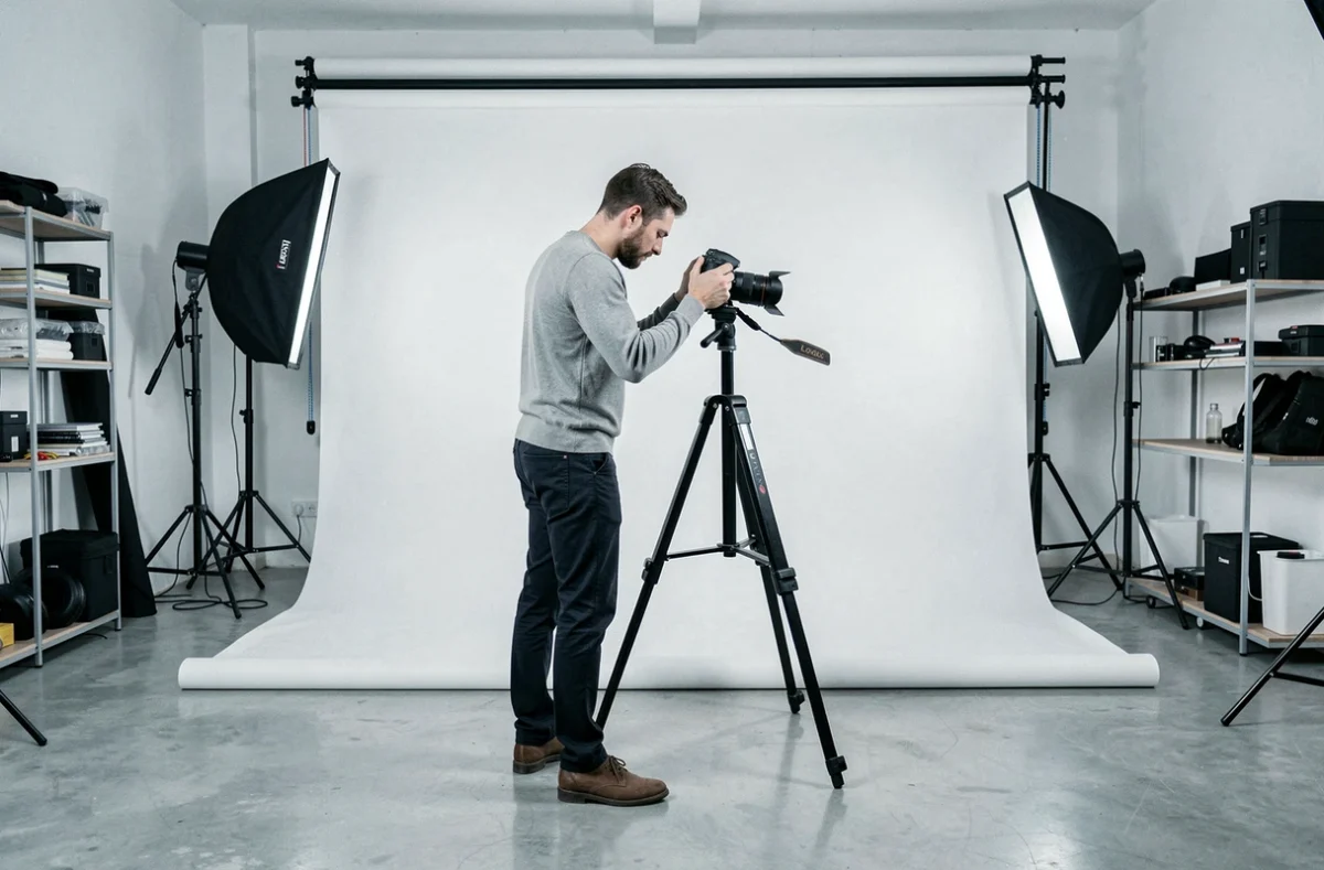 Photographe Loïc préparant son studio photo professionnel avec un trépied et fond blanc