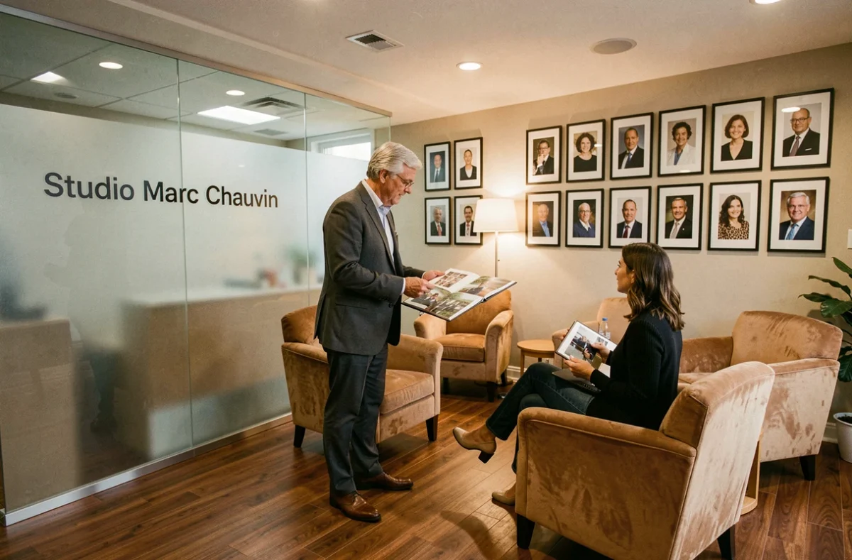 Studio Marc Chauvin avec photographe présentant un album photo à un client dans un espace professionnel élégant
