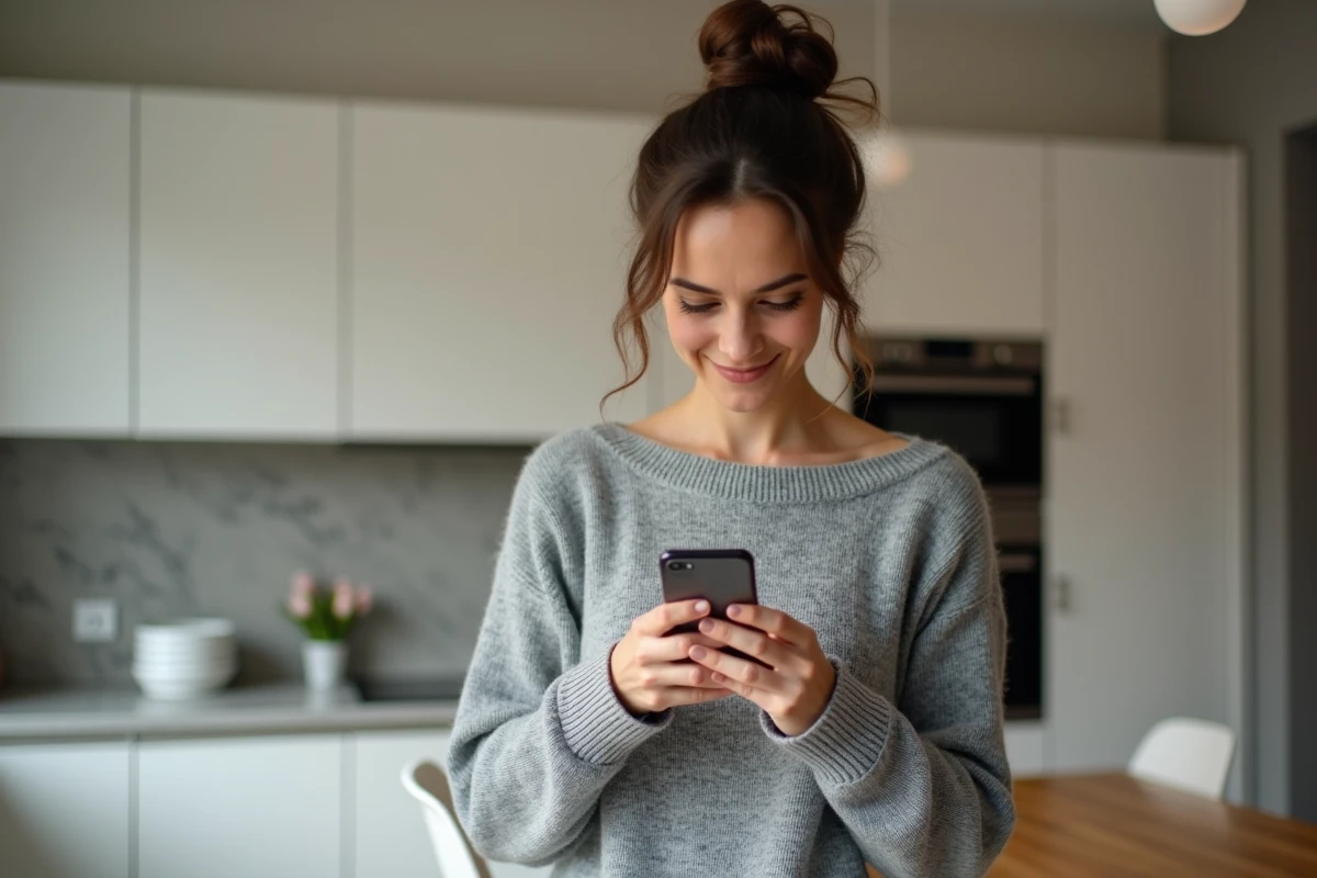 Femme vérifiant une notification de suivi de colis GLS sur son smartphone dans une cuisine moderne