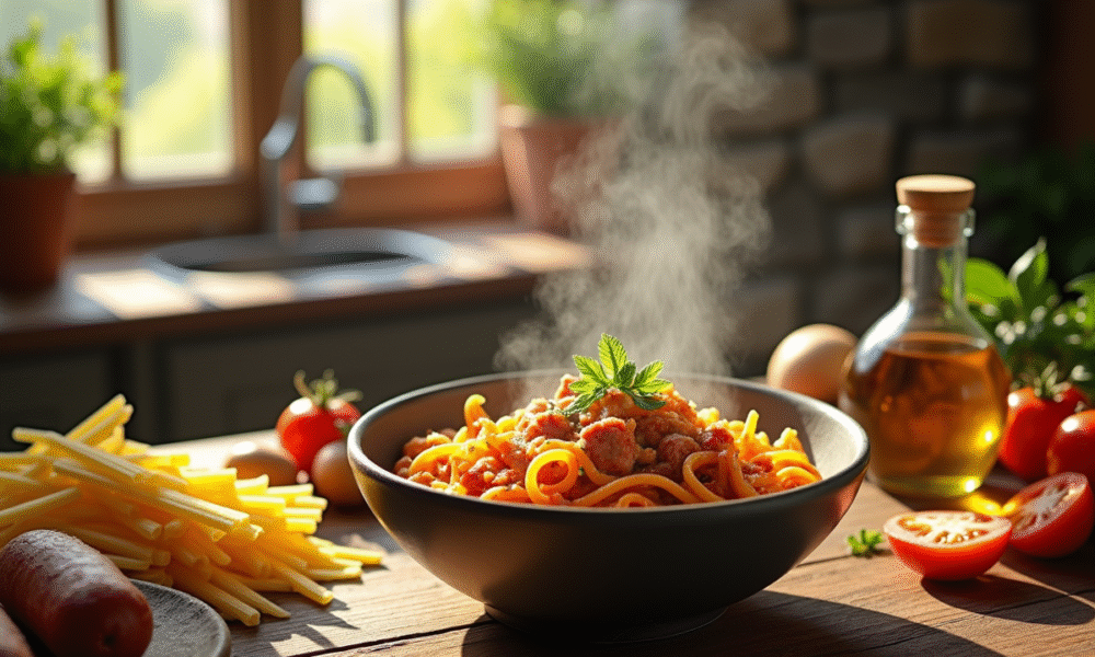 Table rustique avec bol de pâtes au chorizo et herbes fraîches