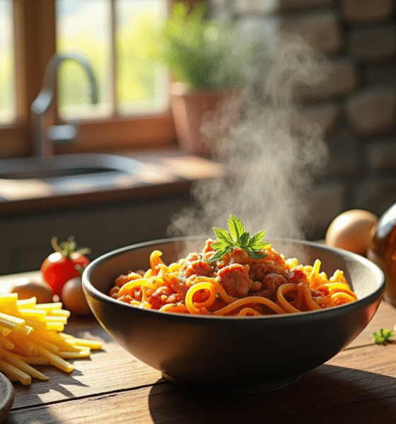 Table rustique avec bol de pâtes au chorizo et herbes fraîches