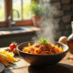 Table rustique avec bol de pâtes au chorizo et herbes fraîches