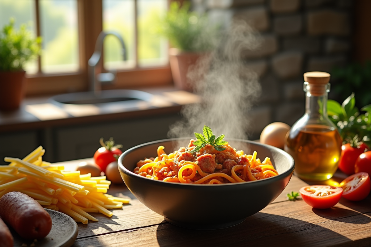 Table rustique avec bol de pâtes au chorizo et herbes fraîches