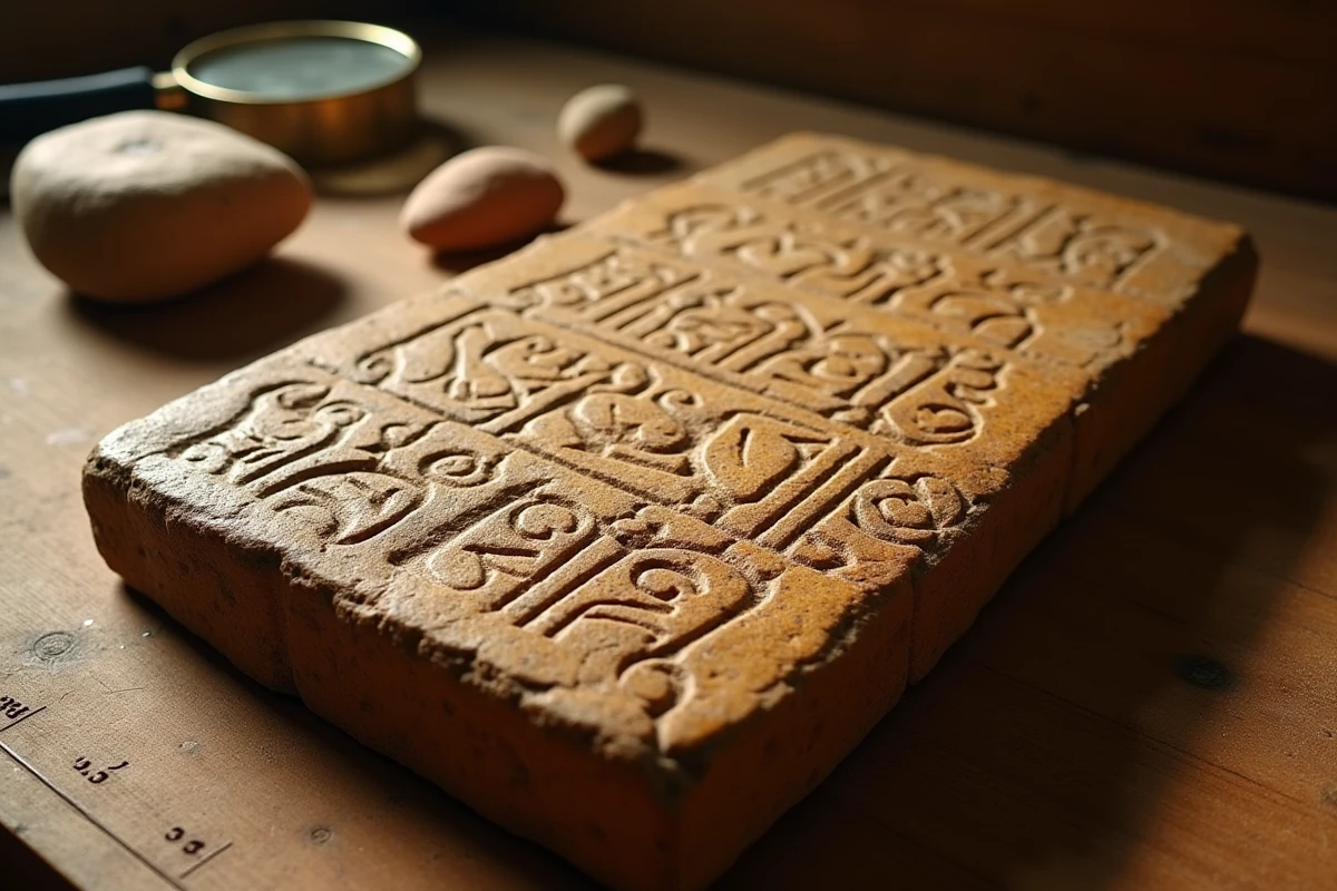 Tablette de pierre ancienne gravée de cunéiforme représentant le Code d'Hammurabi, posée sur une surface en bois dans un musée