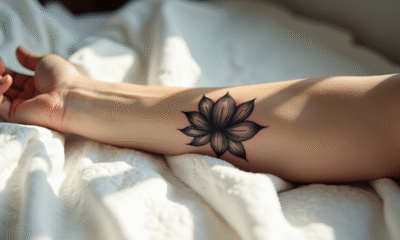 Premier plan d'un poignet avec tatouage lotus noir naturel